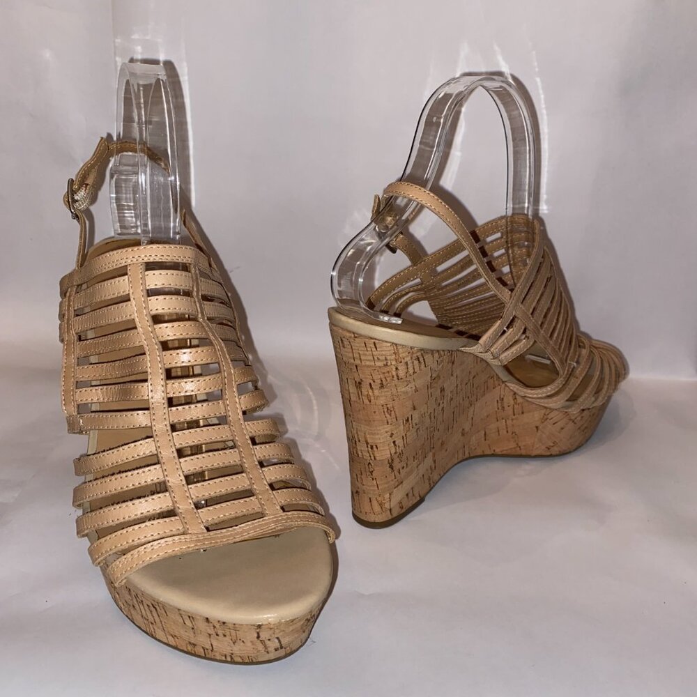 Franco Sarto Sombre Cork Wedge Women's Strappy Sandals Tan/Nude Leather-Size 10